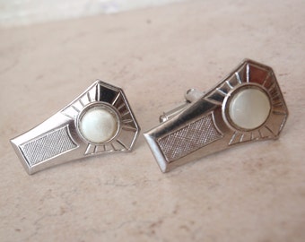 Keystone Shape Cufflinks Silver Tone Faux Mother of Pearl Vintage V0887
