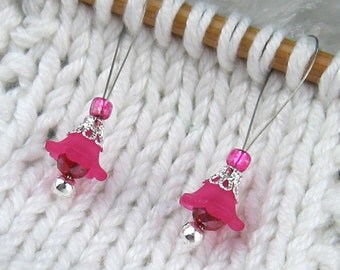 Stitch Markers, Knitting, Lucite Flowers, Glass Crystals, Magenta, Silver, Snag Free, Knitting Tool, Knitting Accessory, Knitters Gift