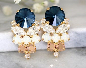 Blue Navy Earrings, Navy Blue Swarovski Earrings, Bridal Dark Blue Earrings, Gift For Her, Bridal Rose Gold Cluster Earrings,Blue Navy Studs