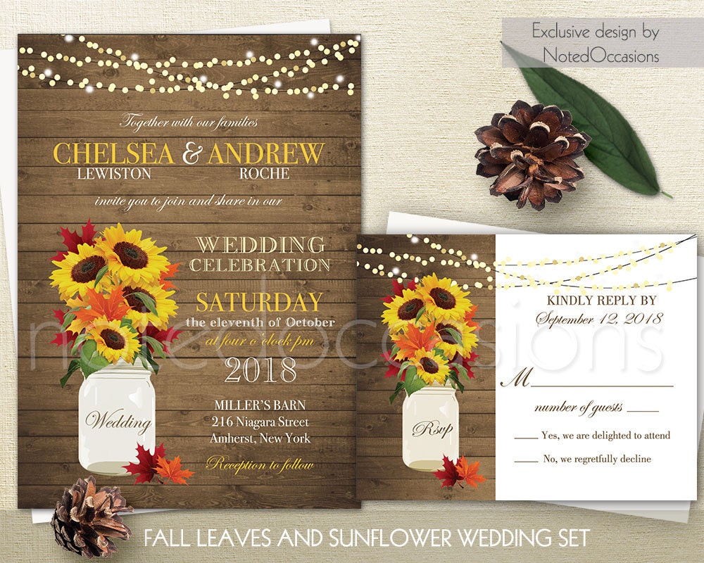 Rustic Fall Wedding Invitations Suite Fall Leaves Sunflowers