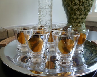 Vintage Cocktail Glasses, Mid Century Lowball, stemless Martini glasses, rocks, Black and Gold Coin Barware , Set of Four glasses