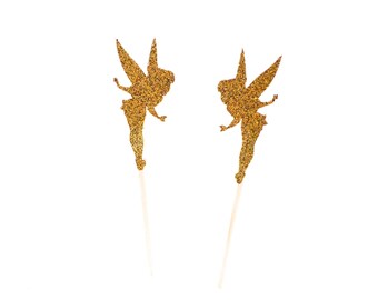 24 Gold Glitter Tinker Bell Tink Tinkerbell Cupcake Toppers - Party Picks - Food Picks