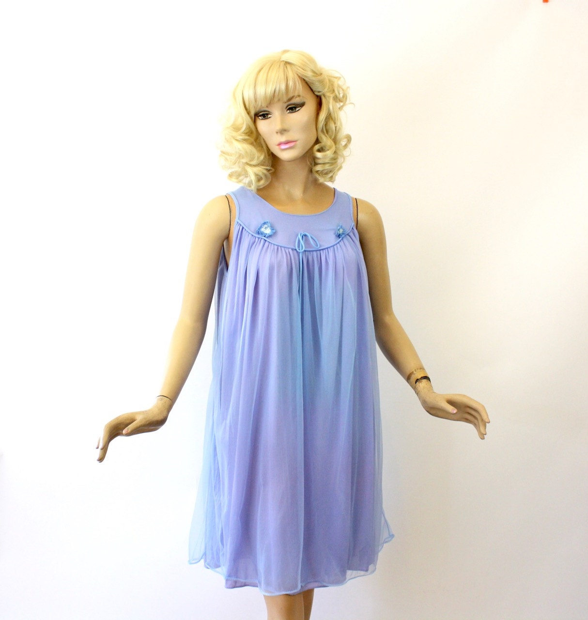 Vintage 60s BabyDoll Nightgown Periwinkle Blue Nylon Chiffon
