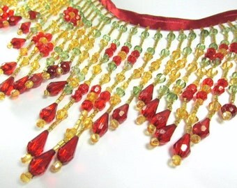 Fiesta Bright Red, Olive Green and Gold 5 inch long beaded fringe decorator trim