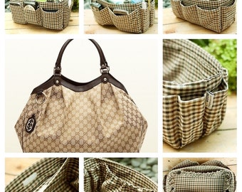 Purse organizer insert multi-pocket for handbag brown plaid Large 25x10 cm