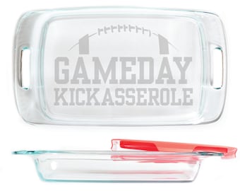 Engraved Pyrex Glass Casserole Baking Dish with Lid 9x13, 7x11, or 8x8 sizes etched with design Gameday Kickasserole
