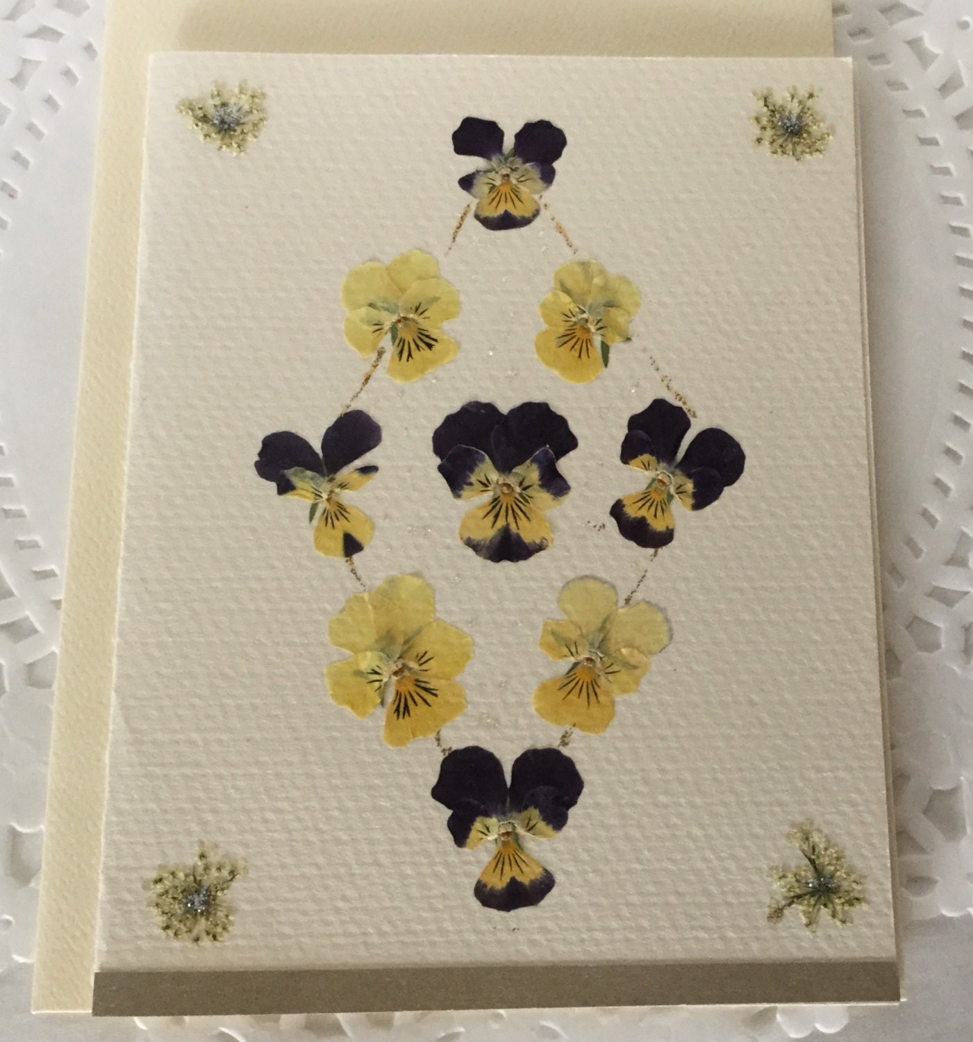 pansy diamond note card pressed flowers outside and inside