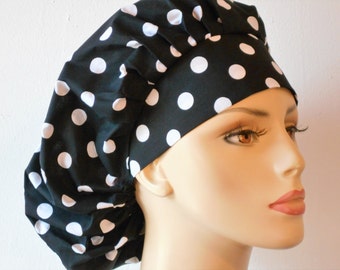 Scrub Hats Bouffant Surgical Scrub Hat - Black with White Polka Dot Medical Scrub Hat