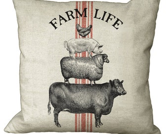 Grainsack Stripe Farm Life Cow Sheep Pig Chicken in Choice of 14x14 16x16 18x18 20x20 22x22 24x24 26x26 Inch Pillow Cover