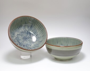 Vintage Japanese Ceramic Footed Cereal Bowls, Ceramic Bowls, Line Design Ceramic Bowls, Footed Ceramic Bowls, Ceramic Kitchen Bowls