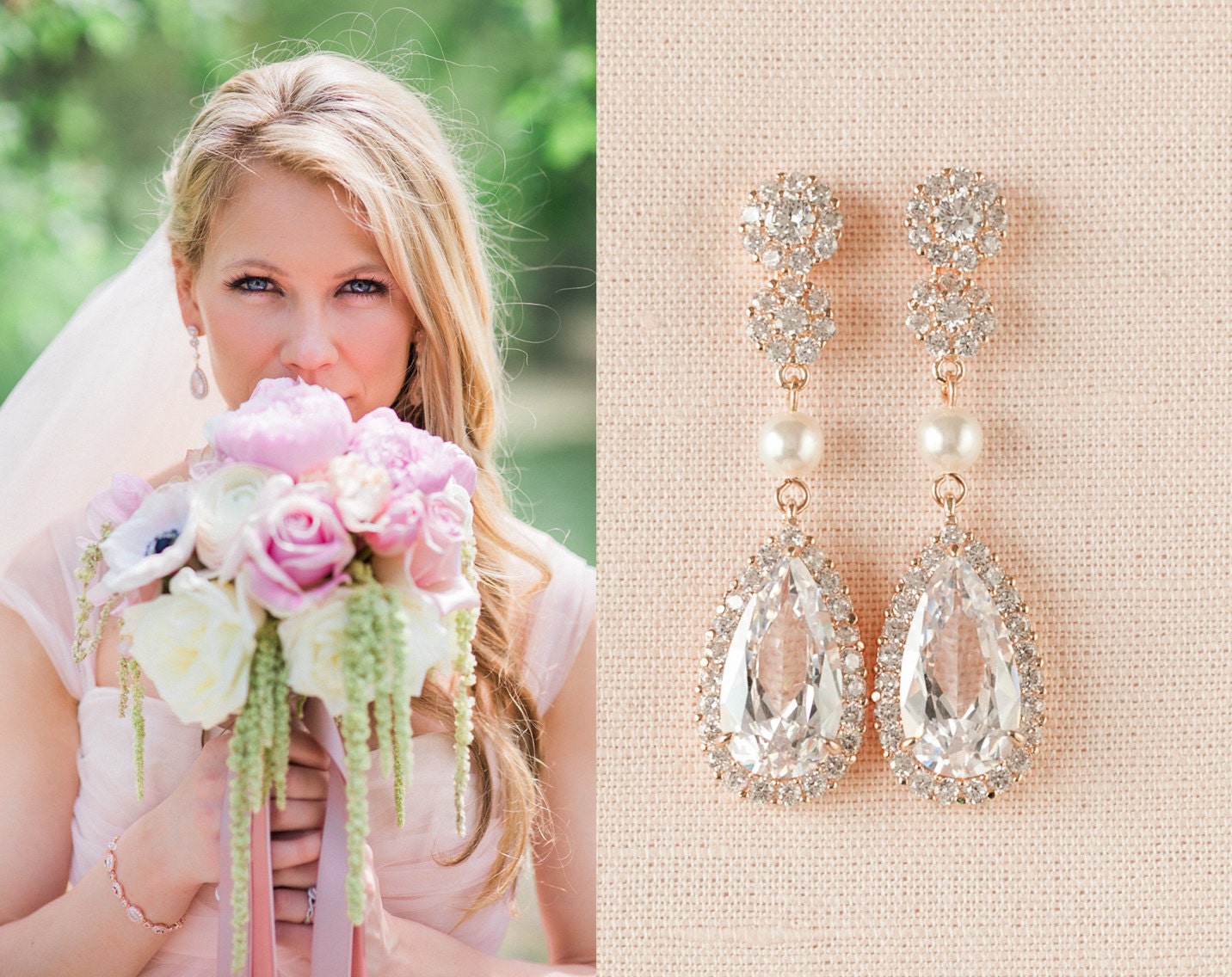 Rose Gold Bridal Earrings, Wedding jewelry, Crystal Bridal earrings, Swarovski Halo Bridesmaids, Chelsea Crystal Drop Earrings