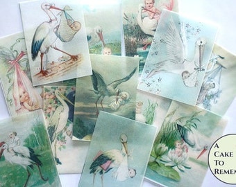 12 Baby Shower wafer paper cookie images, vintage stork and baby edible wafer paper prints for cookie decorating. Printed wafer paper