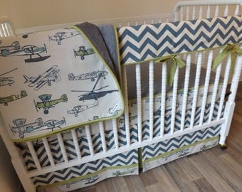 Airplane Crib Bedding- Boy Baby Bedding- Bumperless Bedding- MADE to ORDER- Boy Bedding Set- Baby Bedding Set- Vintage Airplane Bedding