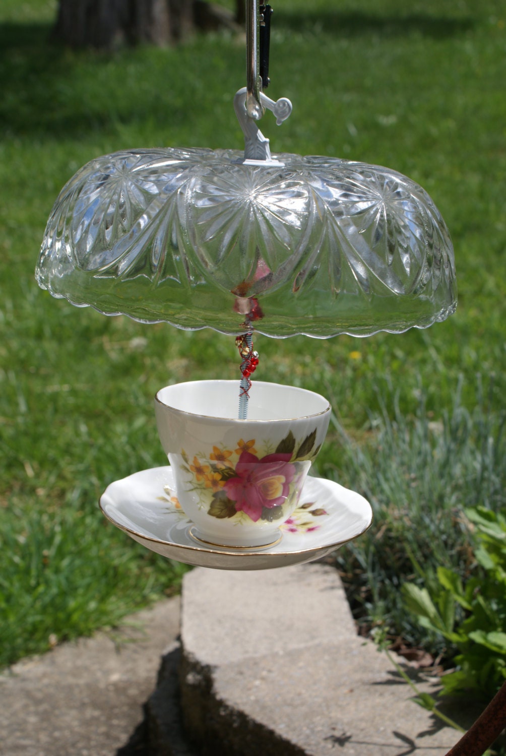 Tea cup and saucer hanging bird feeder by CranberryAcre on Etsy
