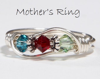3 stone Mother's Birthstone Ring: Personalized Sterling Silver Mom's Family Ring.Three Swarovski multistone Crystals. Mother's Day,Christmas
