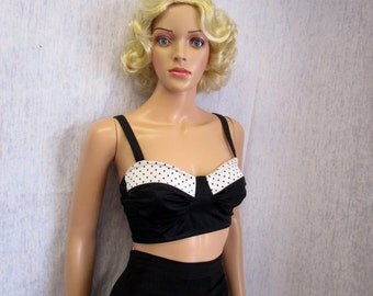 80s Lg 10 Christina Bikini Top Black White Polka Dot