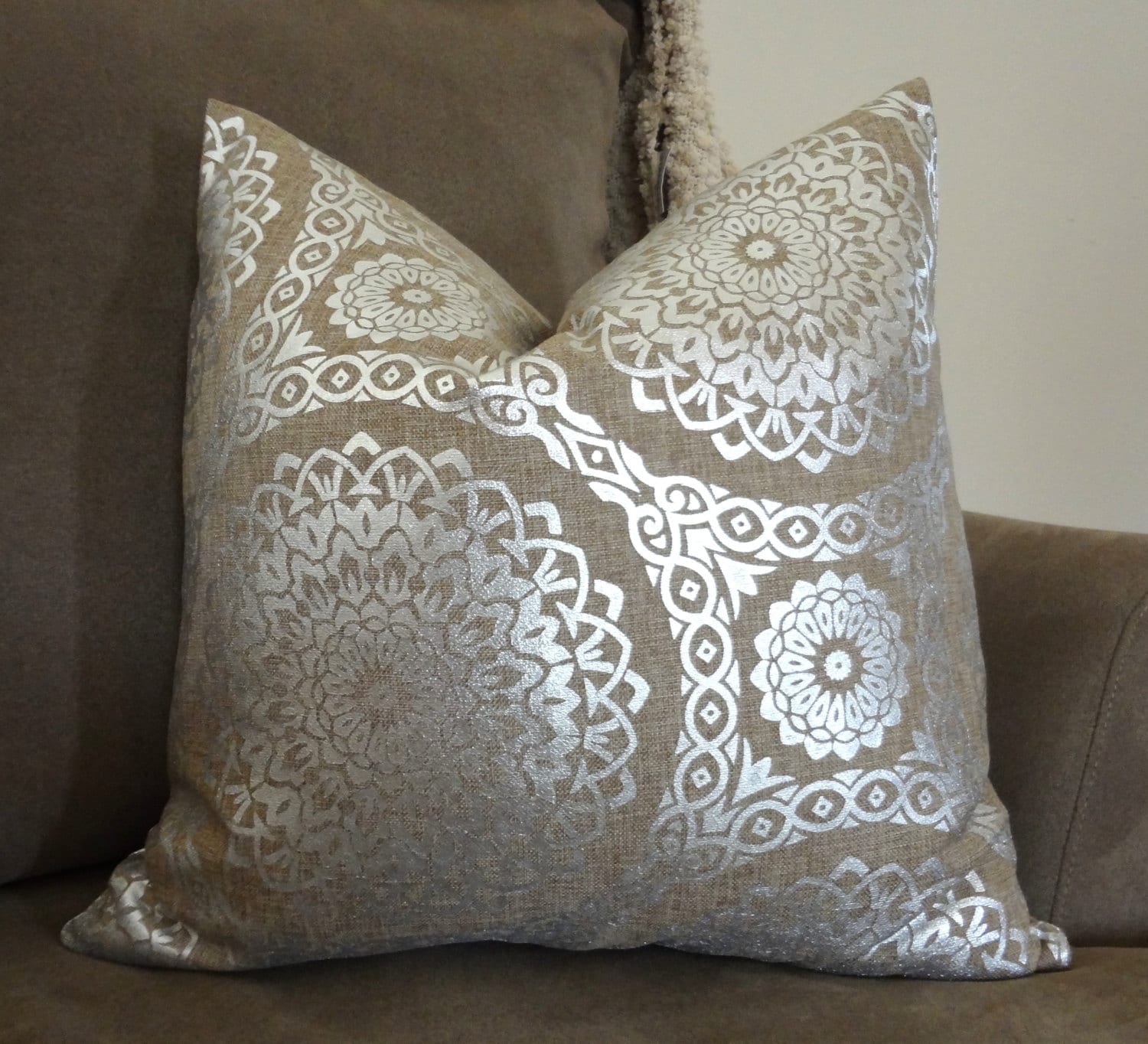 Decorative Natural & Silver Holiday Pillow Cover Silver Suzani