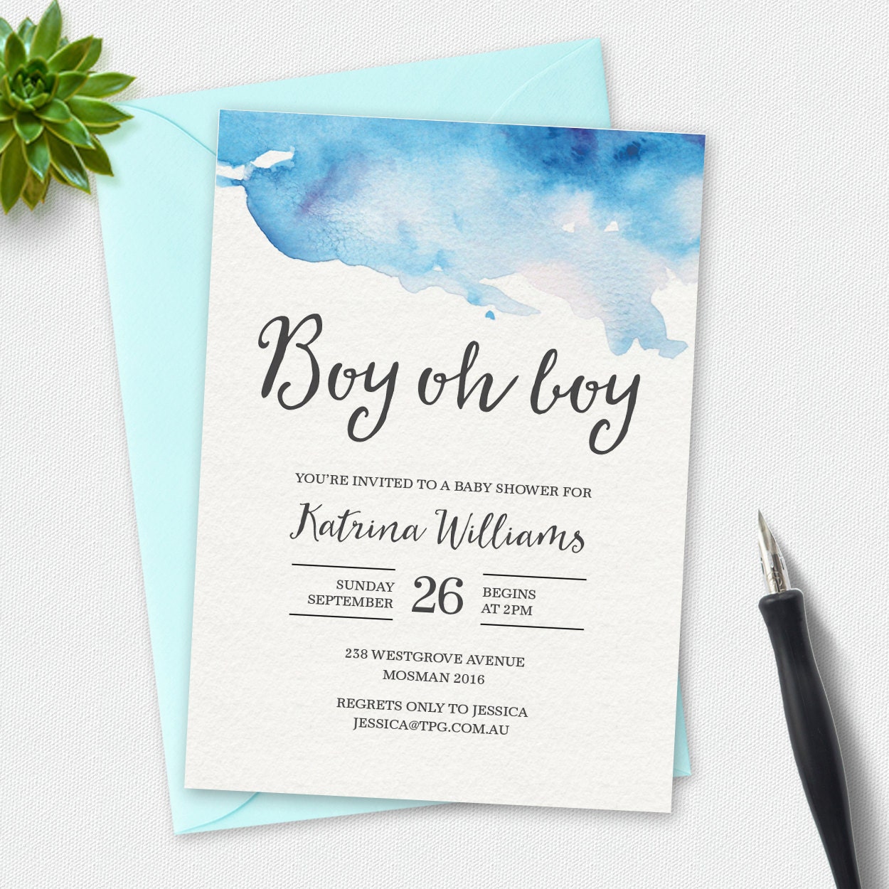 Boy Baby shower invitation Boy oh Boy watercolor