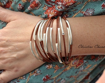 Leather and Silver Bracelet - 14 Strand Leather and Sterling Silver Bracelet - Leather and Silver Jewelry - Sterling Silver Leather Bracelet