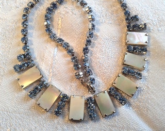 Vintage 50s, 60s Blue Diamante and Mother of Pearl Necklace.