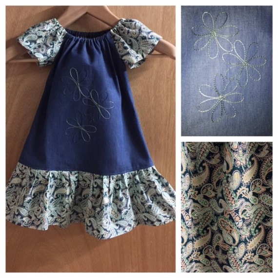 Embroidered Denim Boho Style Peasant Dress fall/winter/spring