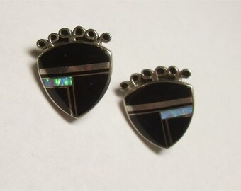 SALE Vintage Sterling Silver Navajo Earrings Onyx Opal Shield Signed Randy Boyd