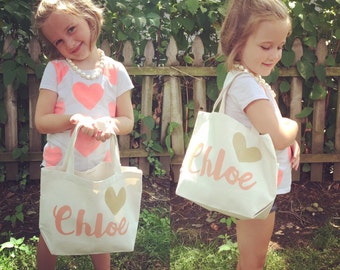 Personalized flower girl child Custom Canvas Tote Bag with heart Wedding Shower/Bridesmaid/Teacher Gift BALLET BAG church tote coral gold