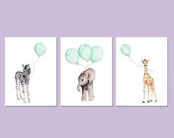 nursery decor, Mint nursery prints, animal print set, nursery prints, safari animals, elephant nursery art, mint balloons, mint green decor