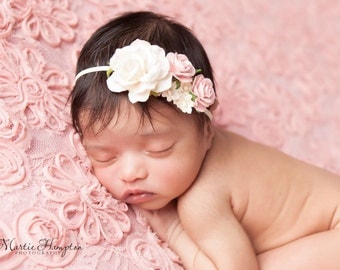 Pastel Headband, Ivory and Light Pink Newborn Headband, Rose Headband, Ivory Headband, Photo Prop, Headband, Pink Baby Headband