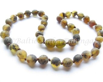 Baltic Amber Teething Necklace, Raw Unpolished Green Beads