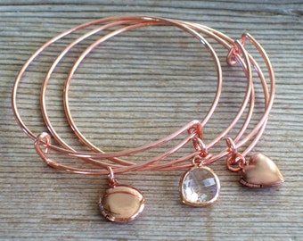 Rose Gold Locket Bracelet, Rose Gold Bangle Bracelet, Rose Gold Mini Locket, Round Mini Locket, Heart Mini Locket, Layering Bangle