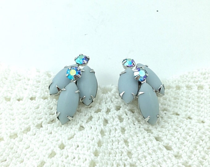 Signed Coro Rhinestone Earrings, Blue Rhinestone Earrings with Aurora Borealis Rhinestones, Signed Coro Earrings. Light Blue Earrings.