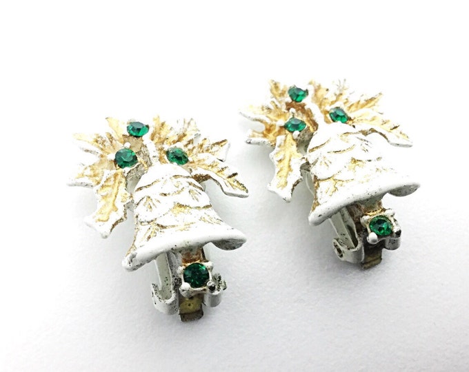 Vintage Dodds Holiday Earrings White enamel vintage earrings. Green rhinestone earrings. Signed holiday earrings, white bell earrings. Bells