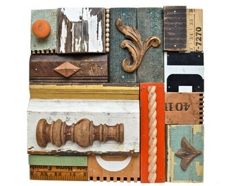 wood wall art, vintage sign letters, wood collage, architectural salvage, mixed media assemblage, ORIGINAL ART by Elizabeth Rosen