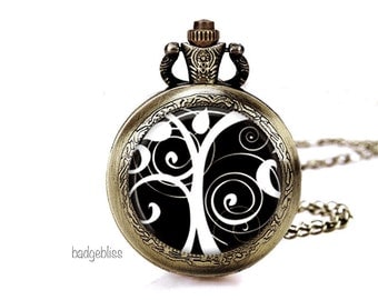 Pocket watch necklace, Black and White Tree pocket watch necklace