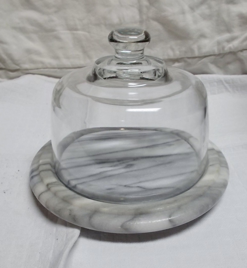 Vintage Marble Cheese Board Server Glass Dome Pastry Safe Haute Juice