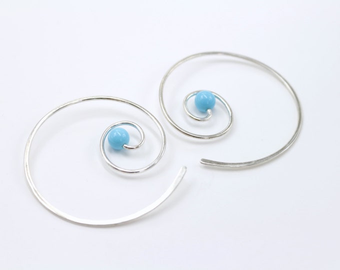 Silver Hoop Earrings Turquoise Earrings Simple Everyday Earrings Spiral Earrings Minimalist Jewelry Turquoise Hoops Blue Sterling Silver
