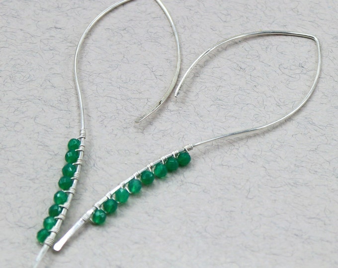 Green Stone Simple Everyday Earrings Sterling Silver Minimalist Earrings Green Onyx Hoop Earring Long Silver Earings Thin Silver Earrings