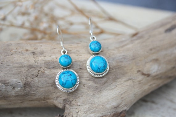 TURQUOISE CABOCHON EARRINGS - Sterling Silver Earrings- Gemstone Earrings- Handmade- Silver Jewellery- Sacred Geometry- Healing Crystals