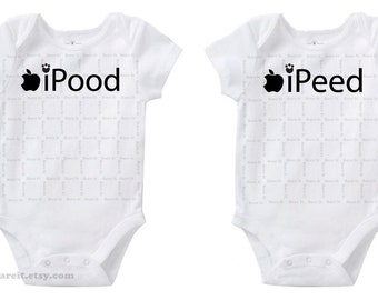 Ipood & Ipeed Inspired By Apple Cute Twins / Baby Funny Humor Onesie/Creeper/Bodysuit Size 3, 6, 12, 18, 24 Months Color White