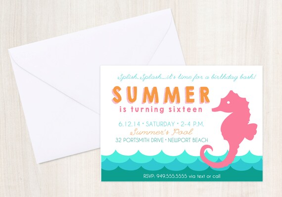 Seahorse Pool Party Birthday Invite - Seahorse Party Invitation - Nautical - Party Supplies Il_570xn
