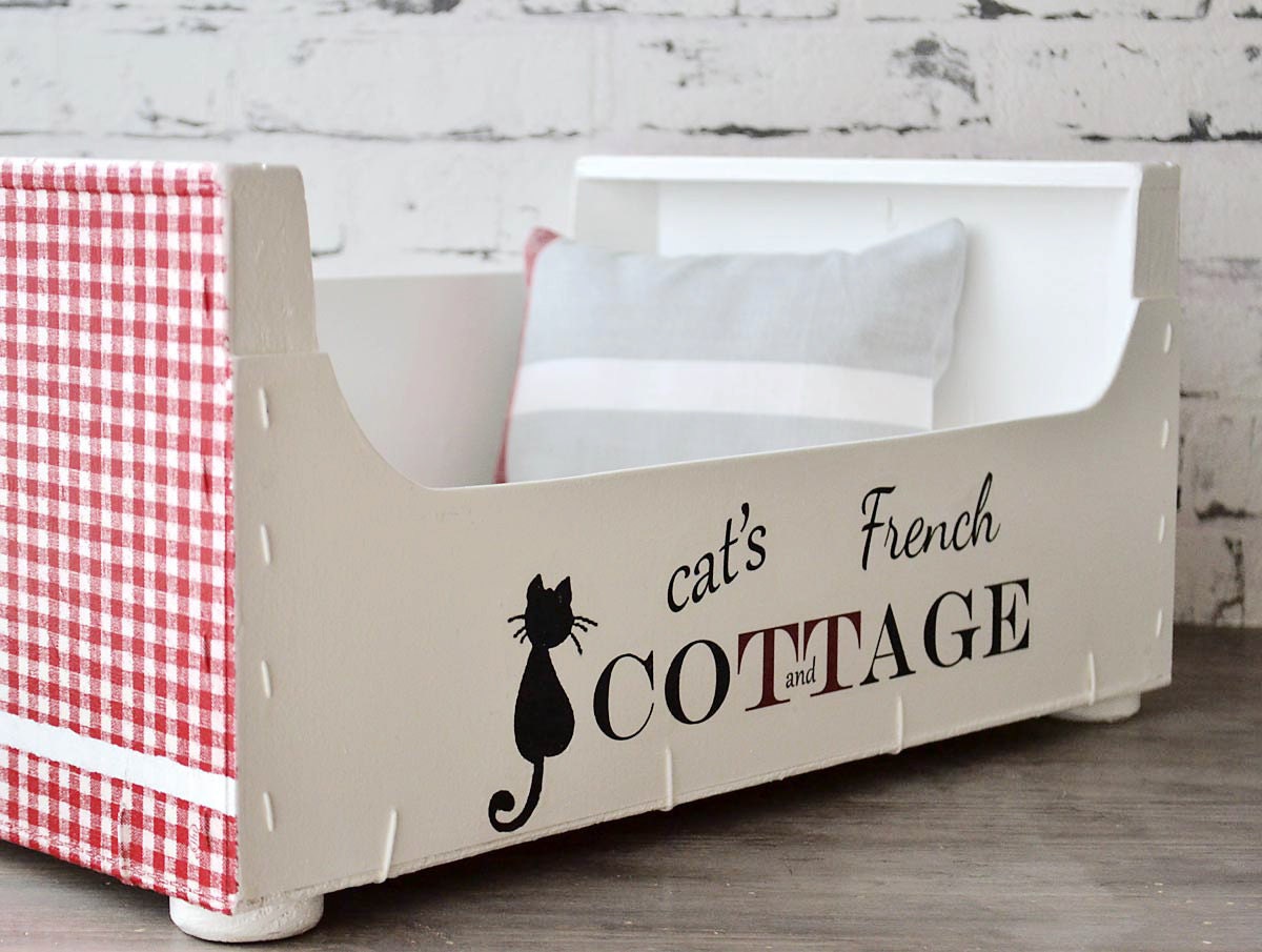 Cat bed handmade recycled wooden crate french cottage