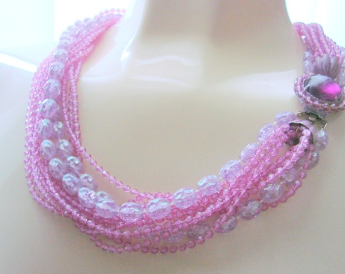 1960s Vintage Multi Strand Lavender Bib Necklace / Purple / Glass Ornate Cabochon Clasp / Jewelry / Jewellery