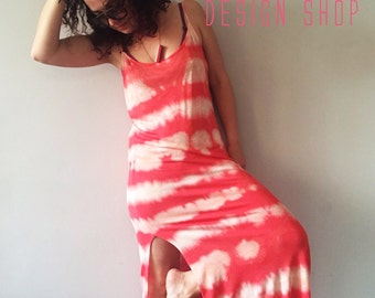 Unique Hand Dyed Womens Dress Size Medium Tie Dye Coral Red Summer Upcycled Slit Dress Vegan Outfit One Of A Kind Orange Stripped Pattern