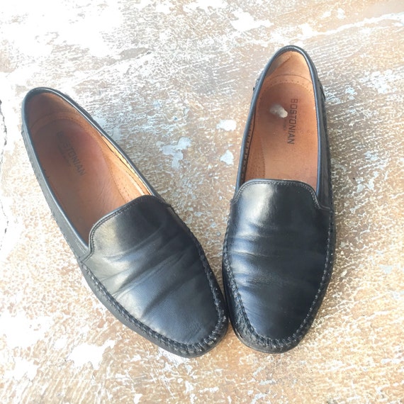 Vtg 80s Blk Leather Driving Shoes Slip On Loafers w/ Braided
