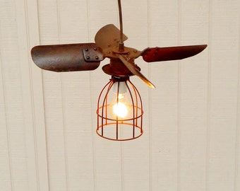 Vintage Fan Blade Light, Hanging Light, Pendant Lighting, Repurposed Light, Light with Bulb Cage, Industrial Lighting, Vintage Light