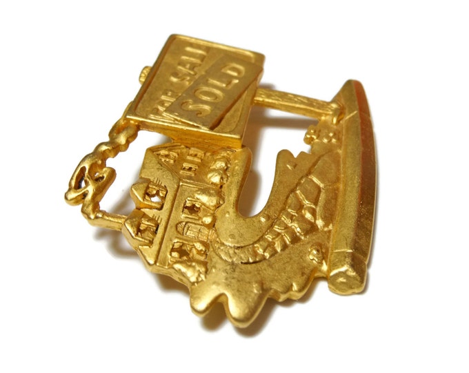 FREE SHIPPING AJC real estate brooch, for sale, sold house pin, gold plate, large statement piece, wonderful details