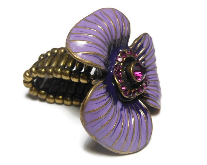 Large flower cocktail ring, purple enamel petals, gold veins, amethyst rhinestone center surrounded by pave rhinestones, stretch floral