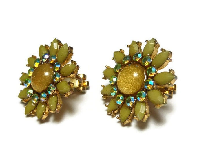 FREE SHIPPING Green moonglow clip earrings, olive moonglow flower petals, aurora borealis (AB) rhinestones, golden glitter cabochon, floral