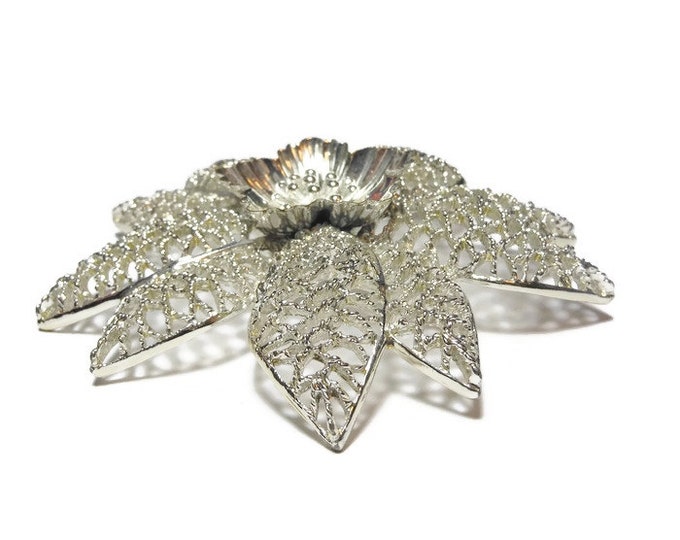 Emmons large floral brooch, 1960s statement piece, filigree open work petals, interior fluted petals encircle stamen, great wedding pin